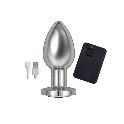 Silver vibrating butt plug with remote control from Nasswalk Toys for anal pleasure.
