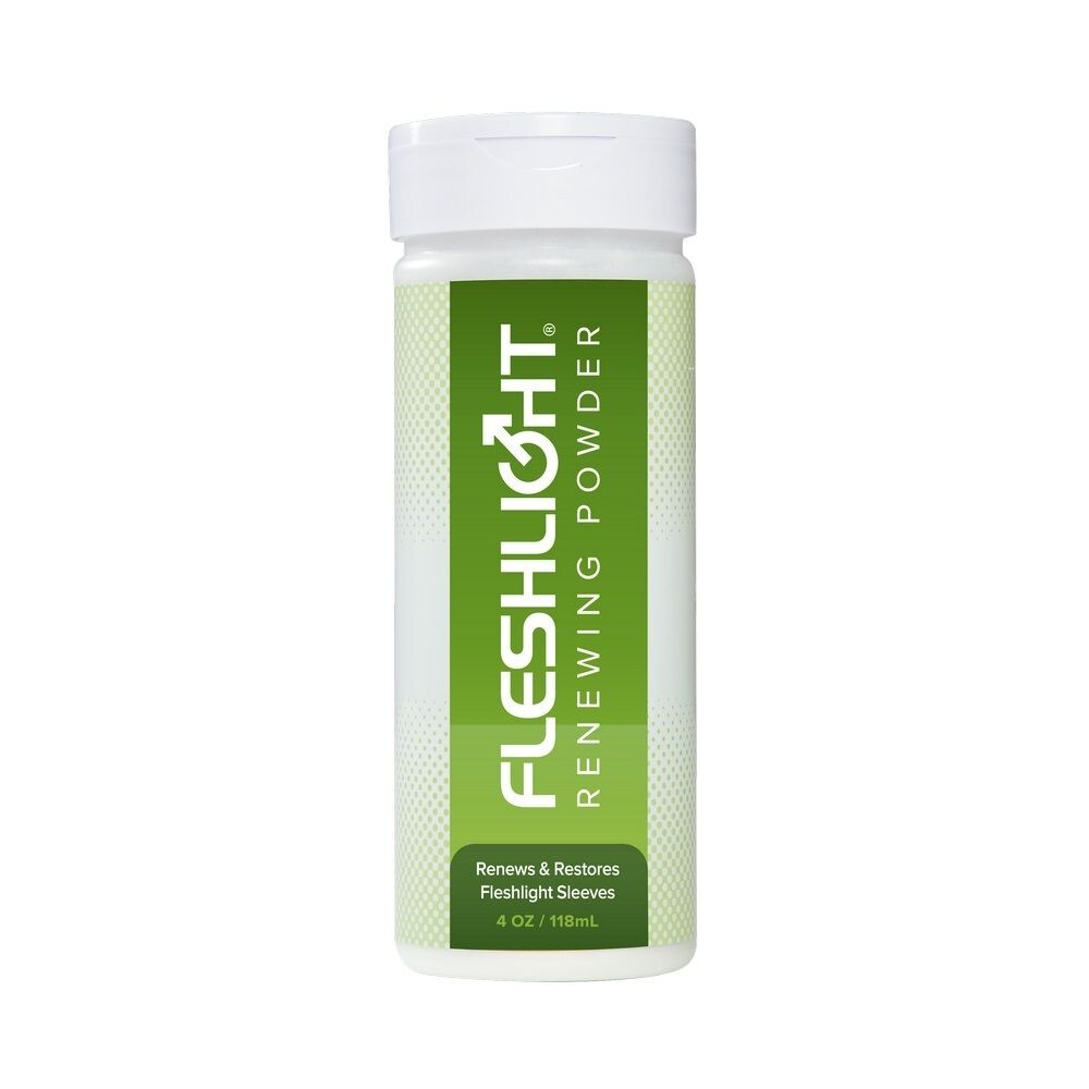 Fleshlight renew powder in a white bottle, a fleshlight accessory for cleaning and maintenance.