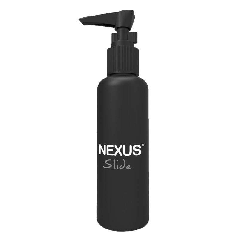 Nexus Slide water-based lubricant in a clear bottle, suitable for intimate use.