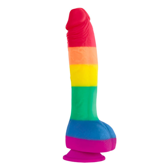 Realistic 8-inch silicone dildo with a ballsack, rendered in pride flag colours.