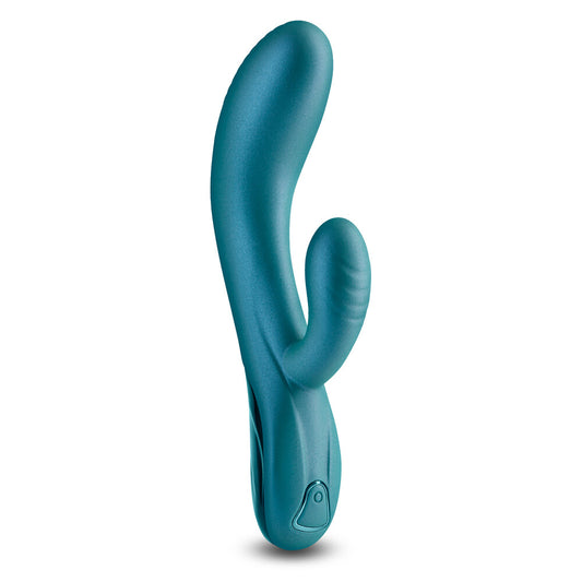 Metallic green vibrator from NS Novelties with clitoral stimulator, a pleasure toy for grown-ups.
