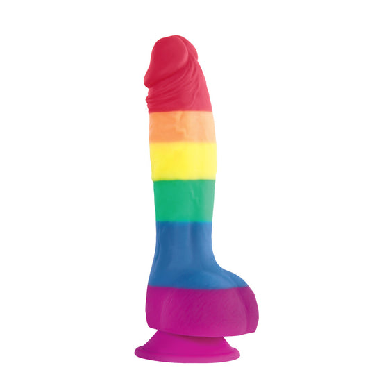 Realistic 6-inch silicone dildo with balls, pride colours, from NS Novelties.