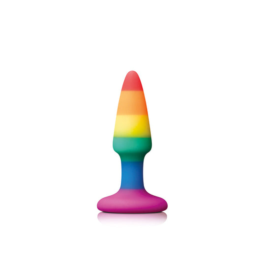 A rainbow coloured mini butt plug from ns novelties, a fun and colourful pleasure toy.