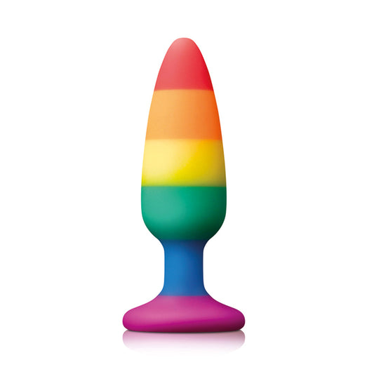 Rainbow coloured, medium-sized butt plug from NS Novelties for anal pleasure and play.