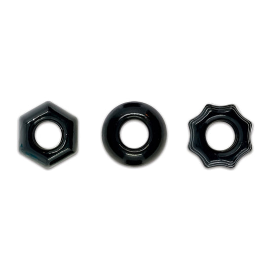 A close-up of textured, black renegade chubbies love ring from ns novelties.