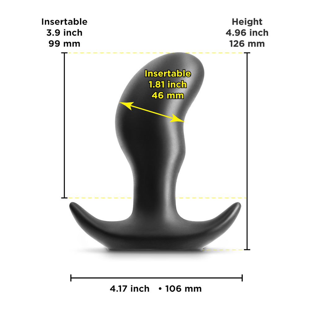 A smooth, dark grey silicone butt plug from ns novelties, shaped like a bull.