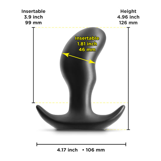 A smooth, dark grey silicone butt plug from ns novelties, shaped like a bull.