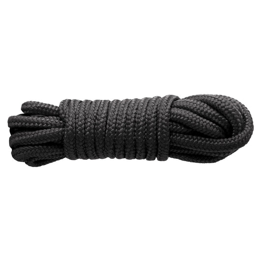 A length of black nylon rope, 25 feet long, used for restraints.