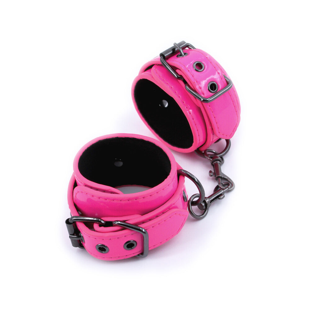 Electra wrist cuffs in pink, shiny finish, looks like fun bedroom play handcuffs.