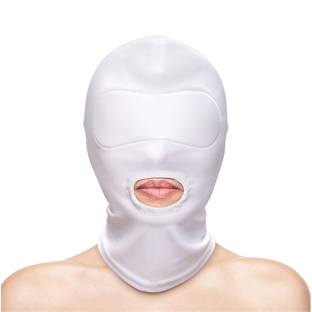 White fetish and fashion mouth hood accessory, close-up showing the smooth material.