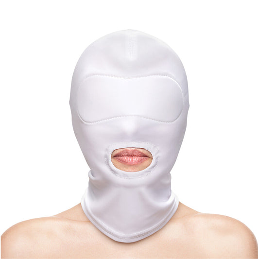 White fetish and fashion mouth hood accessory, close-up showing the smooth material.