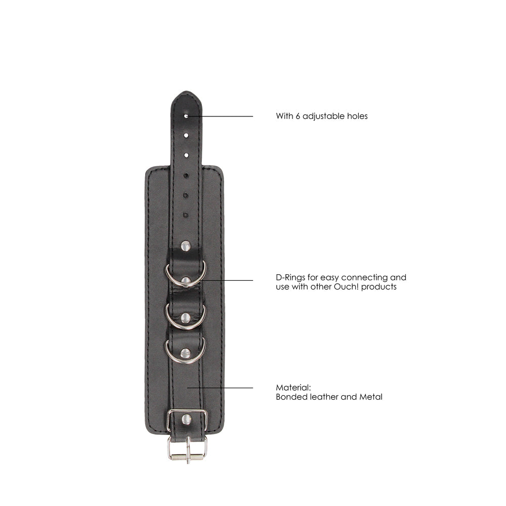 Black leather wrist restraints or cuffs, part of the 'ouch' range from shots toys.
