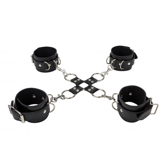 Shots Toys black leather hand and leg cuffs, a restraining set for playful bondage.