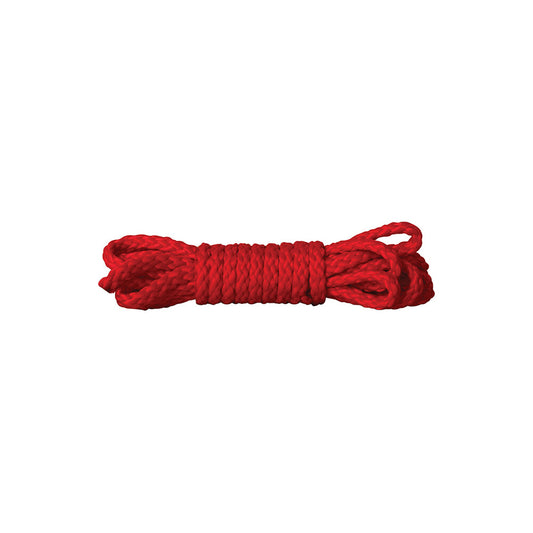 Close-up of red kinbaku mini rope, 1.5 metres long, for restraint play.