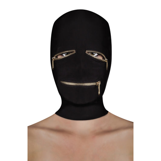Love Kinx ouch extreme mask in black with zippers over the eyes and mouth.