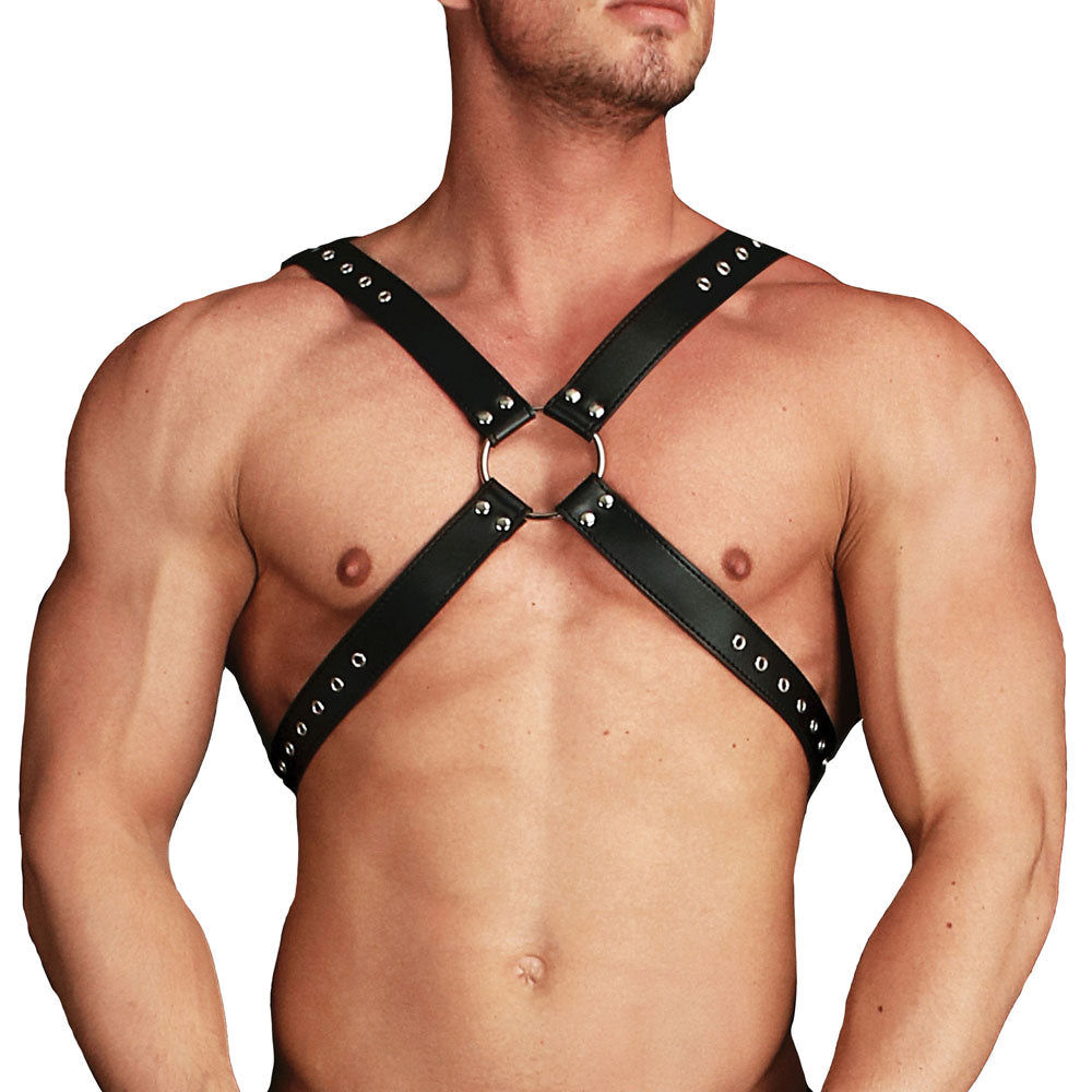 shots toys ouch adonis black high halter restraint harness for secure bondage play