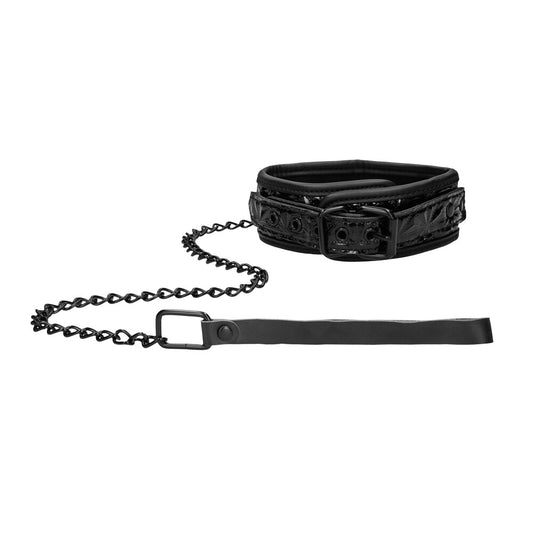 black ouch luxury collar with attached leash for safe, stylish play.
