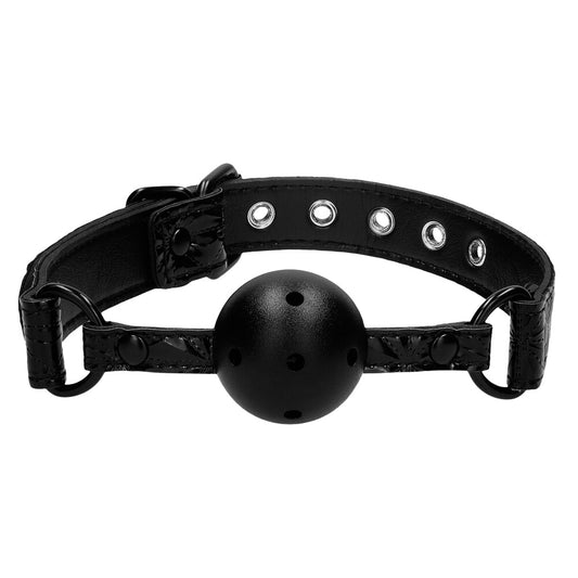 Breathable black ball gag with adjustable straps, a luxurious addition to adult play
