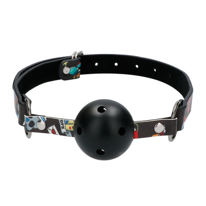 Shots Toys breathable ball gag with black printed leather straps, kinky restraint.