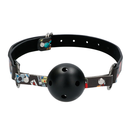Shots Toys breathable ball gag with black printed leather straps, kinky restraint.