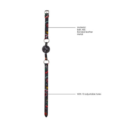 shots toys ouch black ball gag with breathable holes and printed leather straps