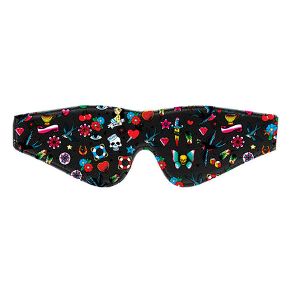 Ouch old school tattoo printed eye mask from Shots Toys, black fabric for sleeping.