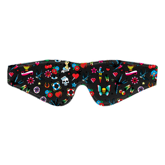Ouch old school tattoo printed eye mask from Shots Toys, black fabric for sleeping.