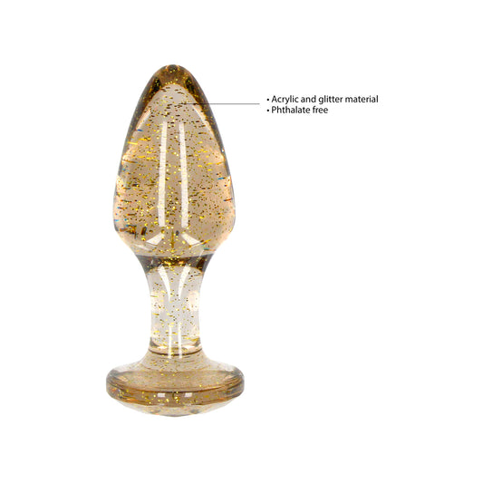 Three golden glitter acrylic butt plugs in varying sizes from Shots Toys.