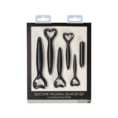 Four black silicone vaginal dilators of varying sizes, designed for kegel exercises.