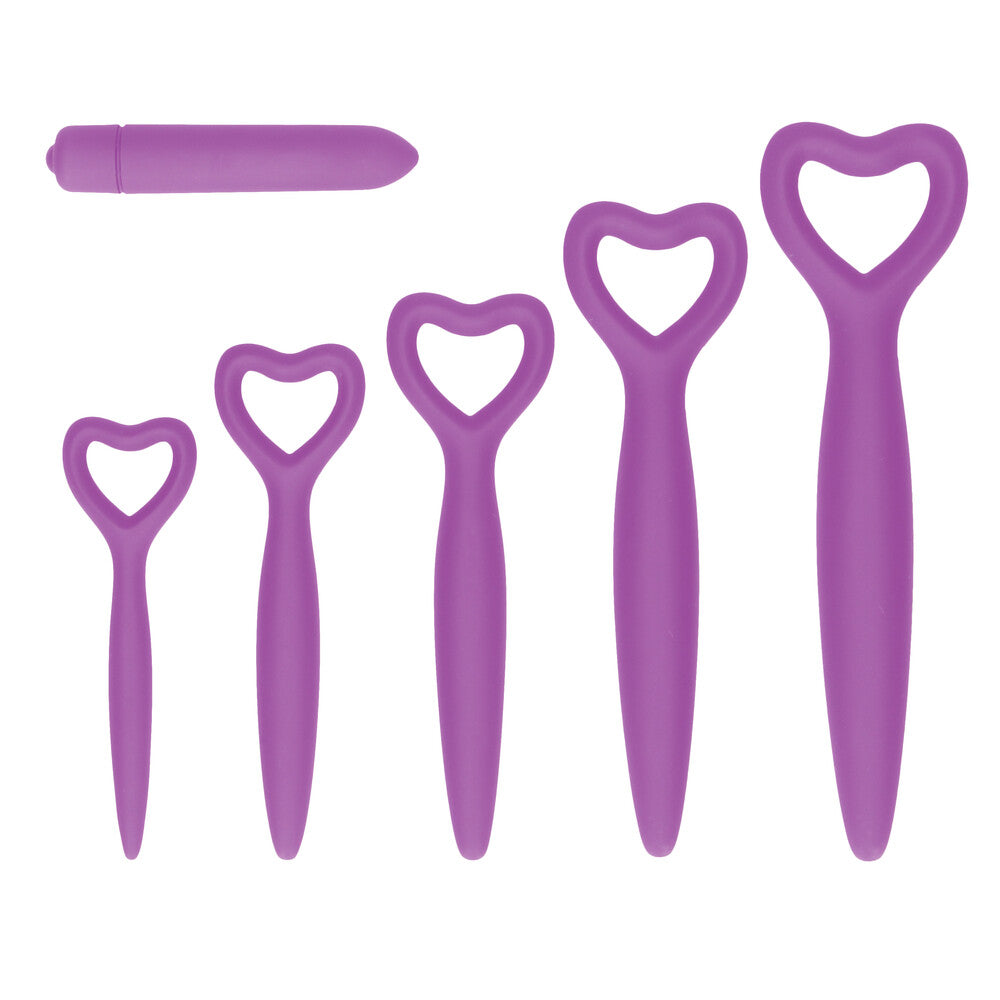 Purple silicone vaginal dilator set from shots toys, designed for kegel exercises.