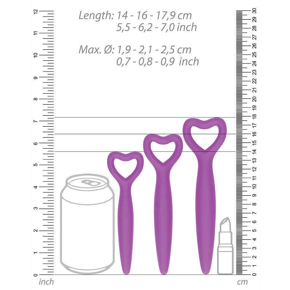 Purple silicone vaginal dilator set for kegel exercises, from Shots Toys, smooth finish.