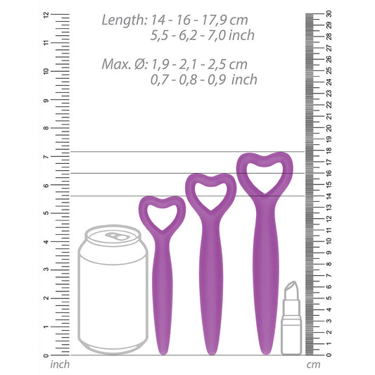 Purple silicone vaginal dilator set for kegel exercises, from Shots Toys, smooth finish.