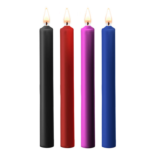 Shots Toys teasing wax candles, a large four pack in assorted colours, for bath and massage.
