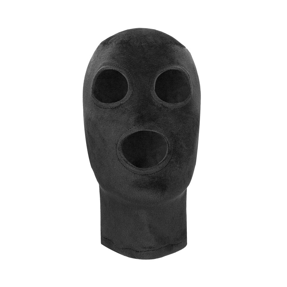 black velvet ouch mask from shots toys with eye and mouth openings for sensory play