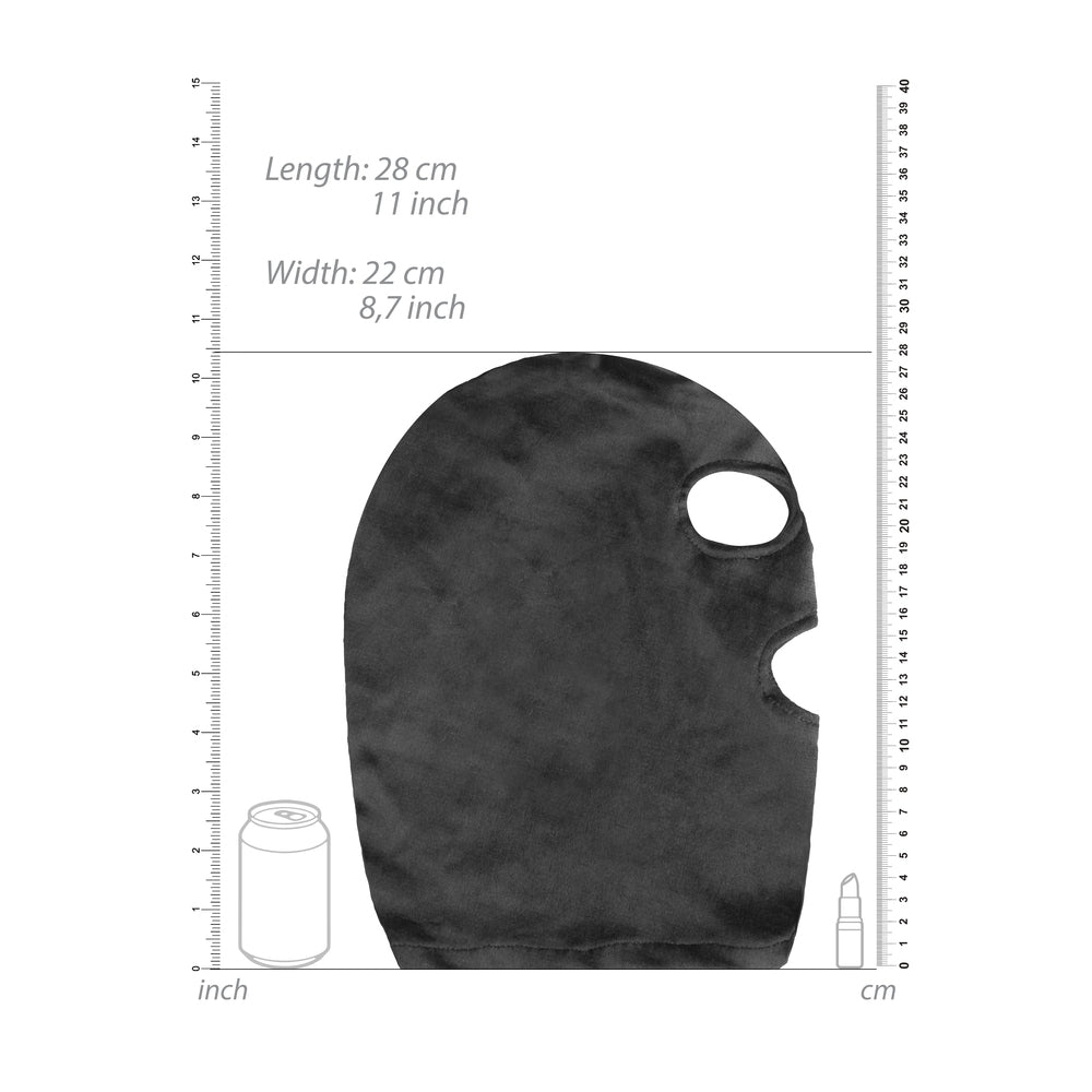 Black velvet ouch mask from Shots Toys with eye and mouth openings, fetish-wear.
