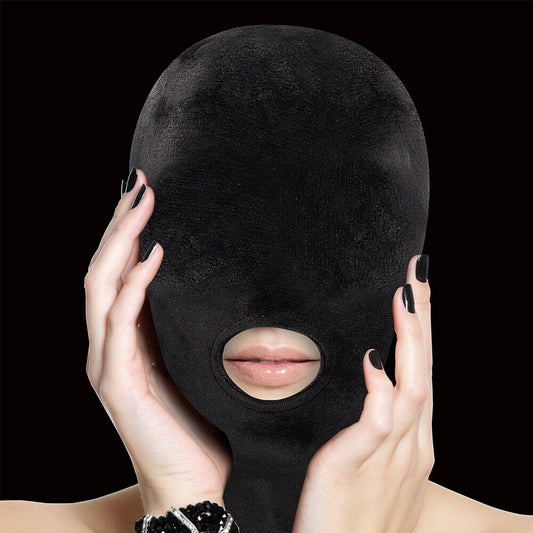 Black velvet ouch mask with a mouth opening, part of bondage hoods
