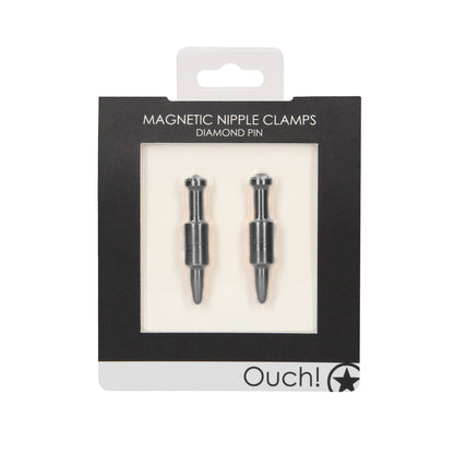 Grey ouch magnetic nipple clamps with diamond pin detail, erotic accessory for adults