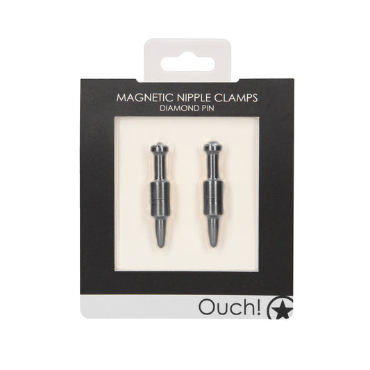 Grey ouch magnetic nipple clamps with diamond pin detail, erotic accessory for adults