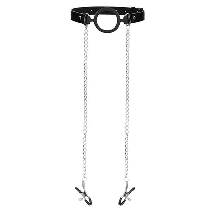 Black o ring gag with attached nipple clamps, a kinky addition to your collection.