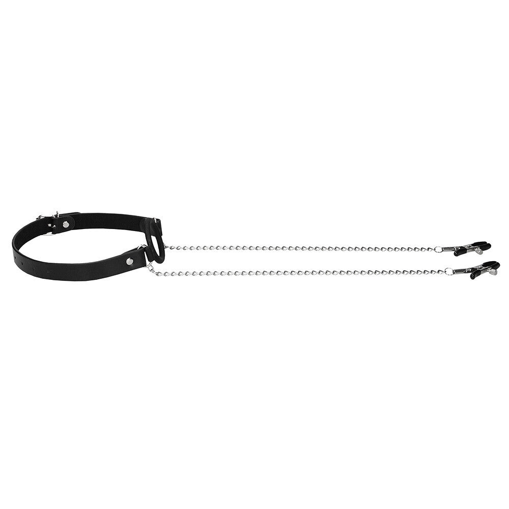 shots toys ouch o ring gag with black o-ring and attached nipple clamps.