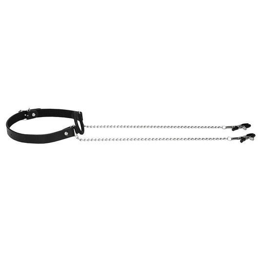 shots toys ouch o ring gag with black o-ring and attached nipple clamps.