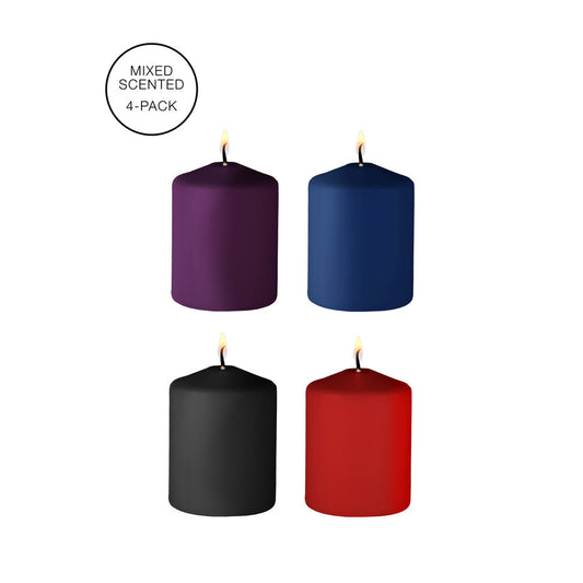 A four-pack of 'ouch' scented tease candles from shots toys, for bath and massage.