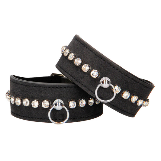 shots toys ouch black leather wrist cuffs studded with sparkling diamonds, restraints
