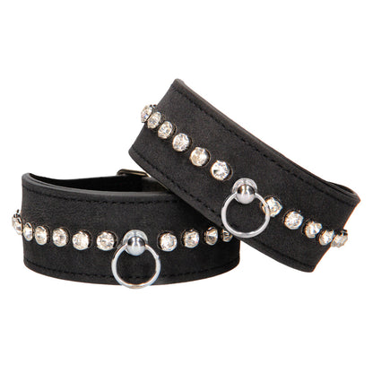 Ouch diamond studded ankle cuffs from Shots Toys, black padded restraints for kinky play.