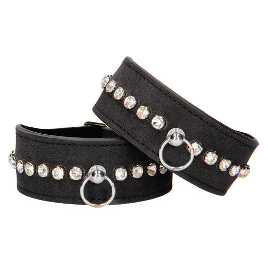 Ouch diamond studded ankle cuffs from Shots Toys, black padded restraints for kinky play.