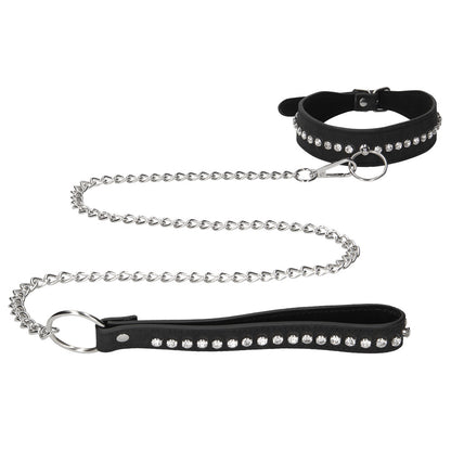 Black 'ouch' dog collar with diamond studs and matching leash, ideal for walks.