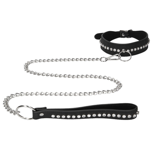 Black 'ouch' dog collar with diamond studs and matching leash, ideal for walks.