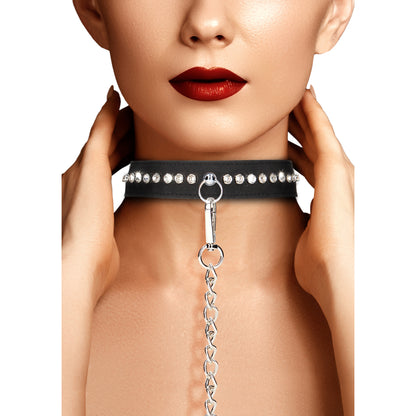 Black 'ouch' dog collar with diamond studs and matching leash, a stylish set.