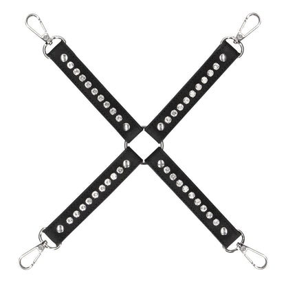 shots toys ouch hogtie connector, black restraint with diamond stud detailing for playful bondage.