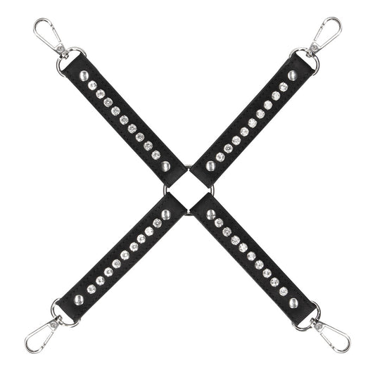 shots toys ouch hogtie connector, black restraint with diamond stud detailing for playful bondage.